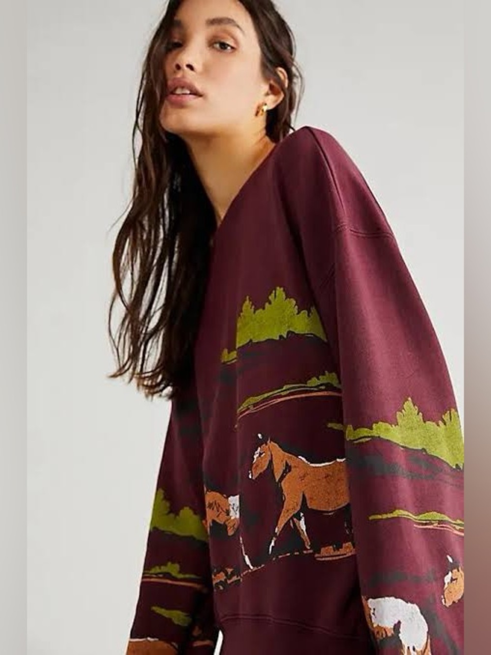 Free People Daydreamer Running Horses Oversized Crewneck🔥 Large• Maroon